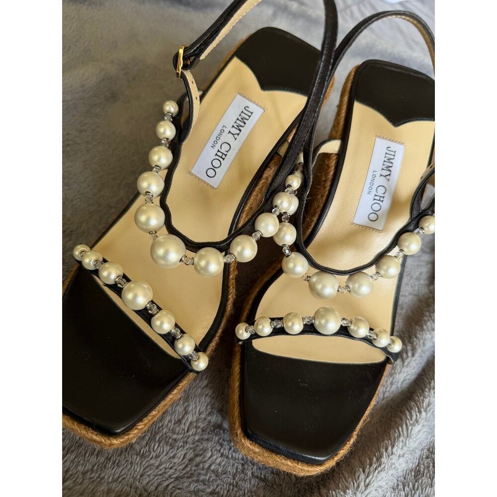 New Jimmy Choo Amatuus Black Pearl Crystal Espadrille Wedge Sandals Size 39.5